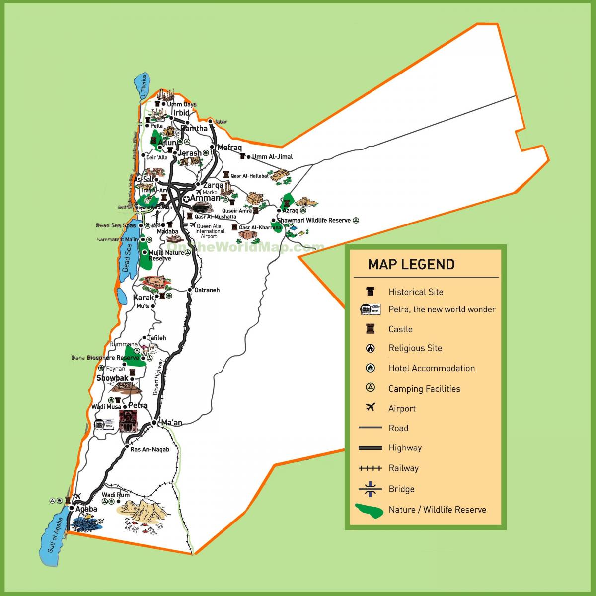 mapa Jordánsko turistických lokalit