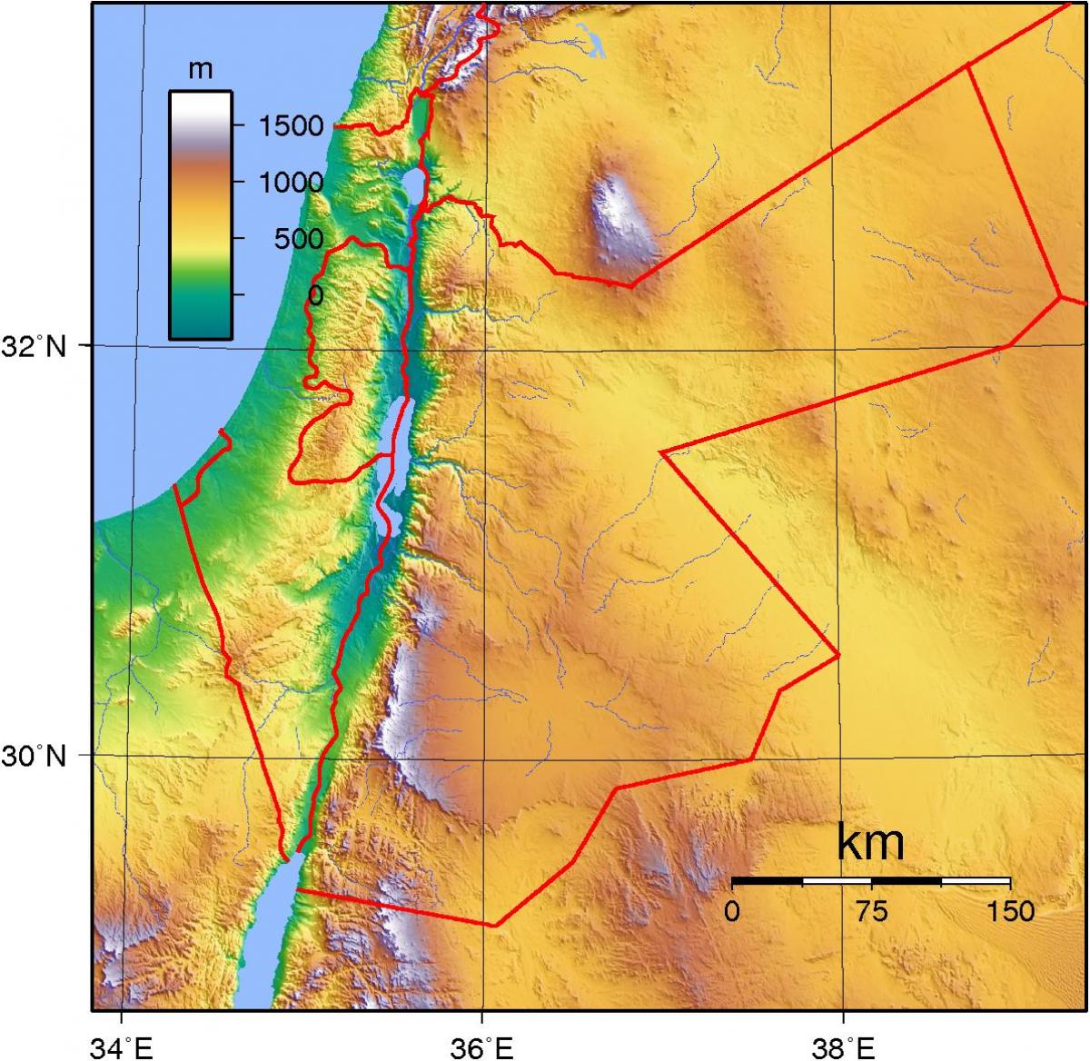 mapa Jordánsko topografické