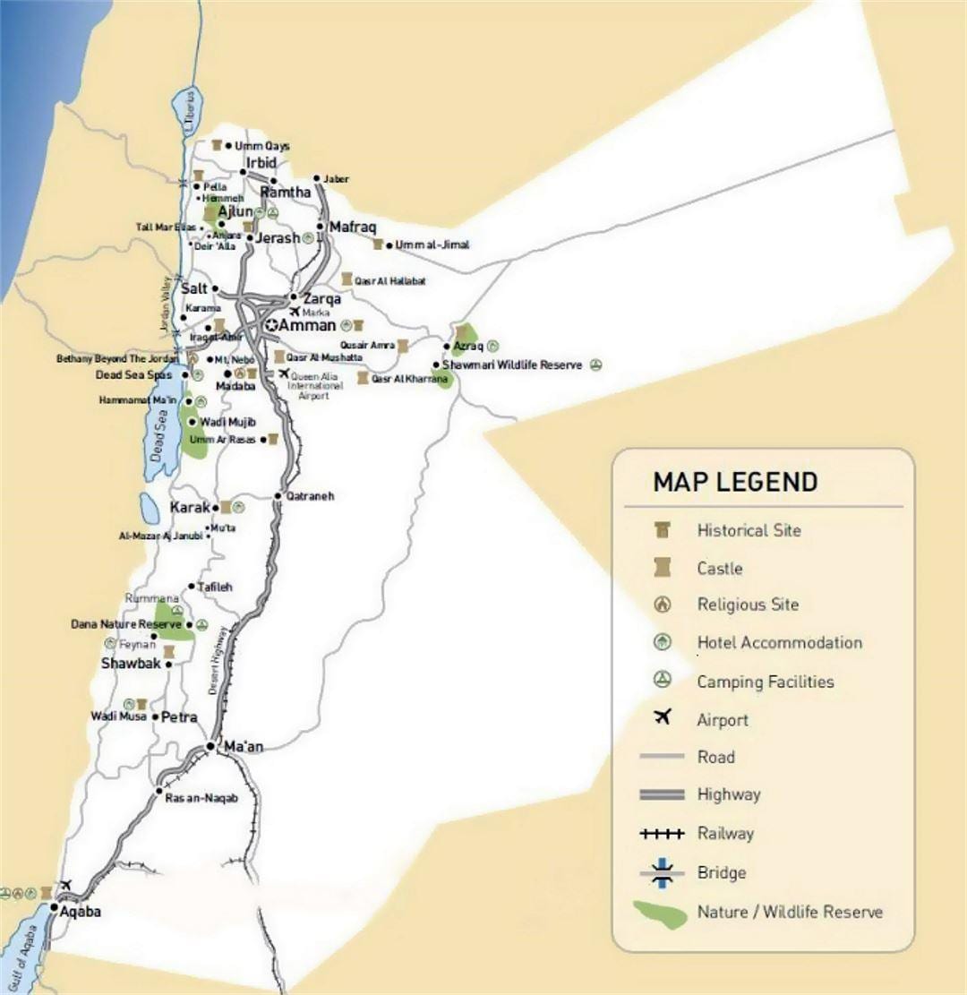 Jordan turistických atrakcí mapě