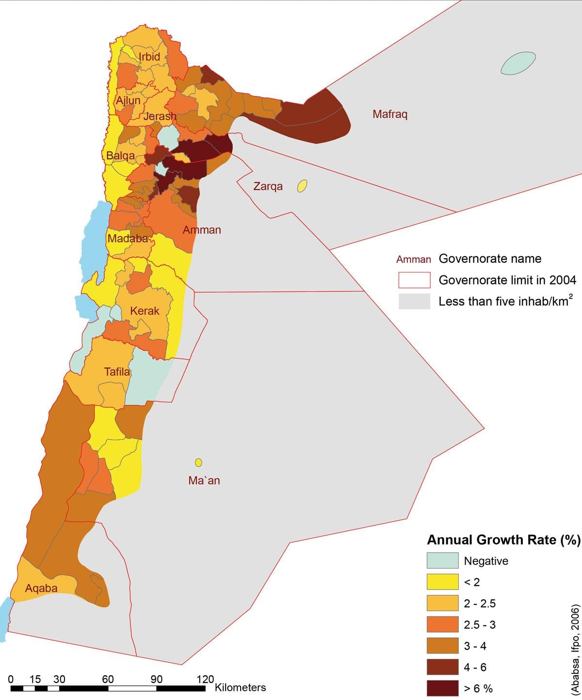 mapa Jordánsko populace