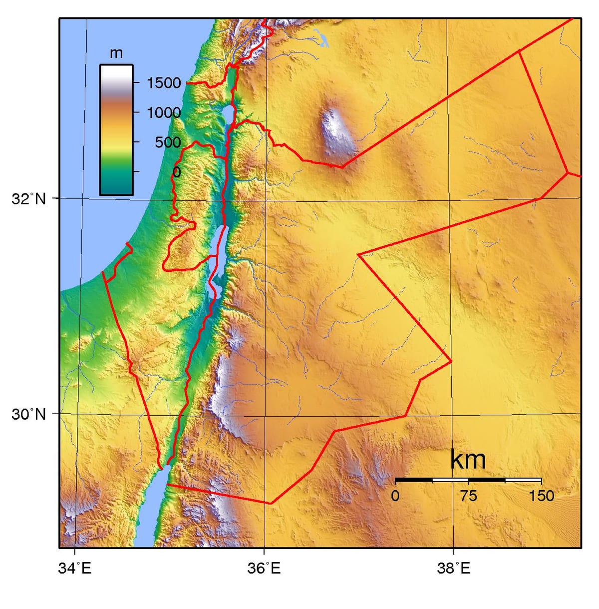mapa Jordánsko nadmořská výška